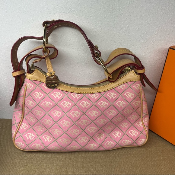 Dooney Bourke Pink Monogram Canvas Handbag, Brown Leather Strap